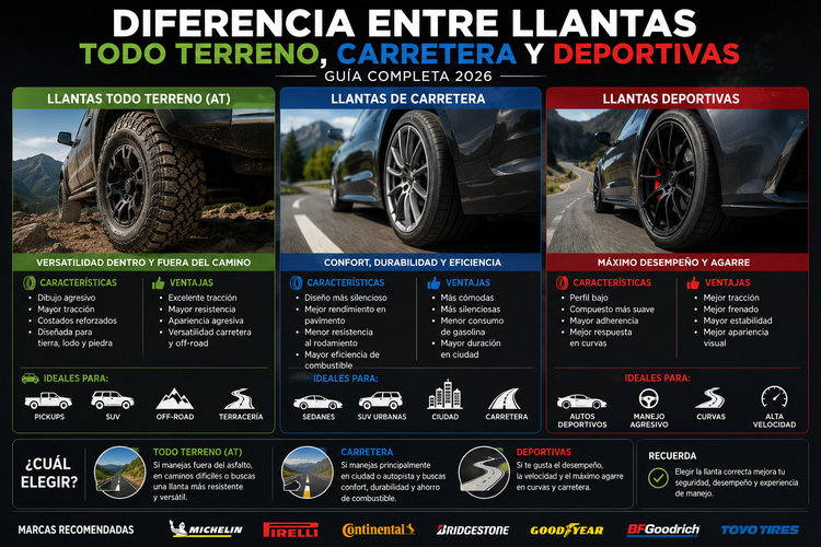 Diferencia Entre Llantas Todo Terreno, Carretera y Deportivas [Guía 2026]