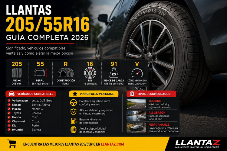 Llantas 205/55R16: Guía Completa, Vehículos Compatibles y Cómo Elegir la Mejor Opción [2026]