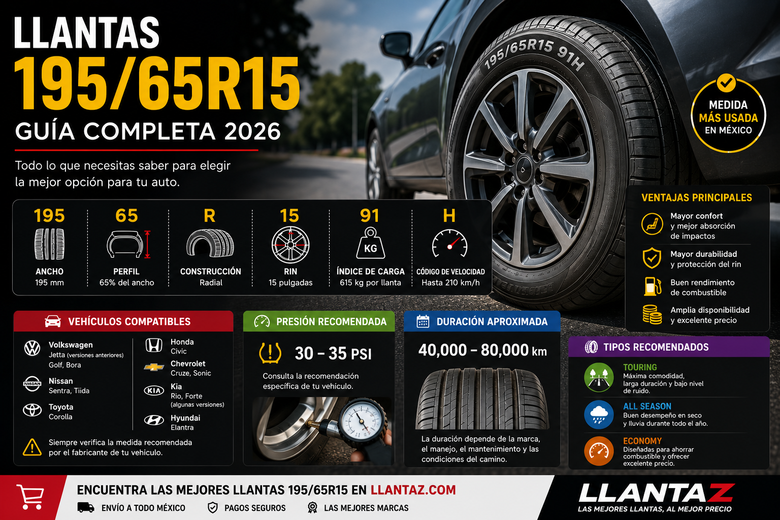 Llantas 195/65R15: Guía Completa, Vehículos Compatibles y Cómo Elegir la Mejor Opción [2026]